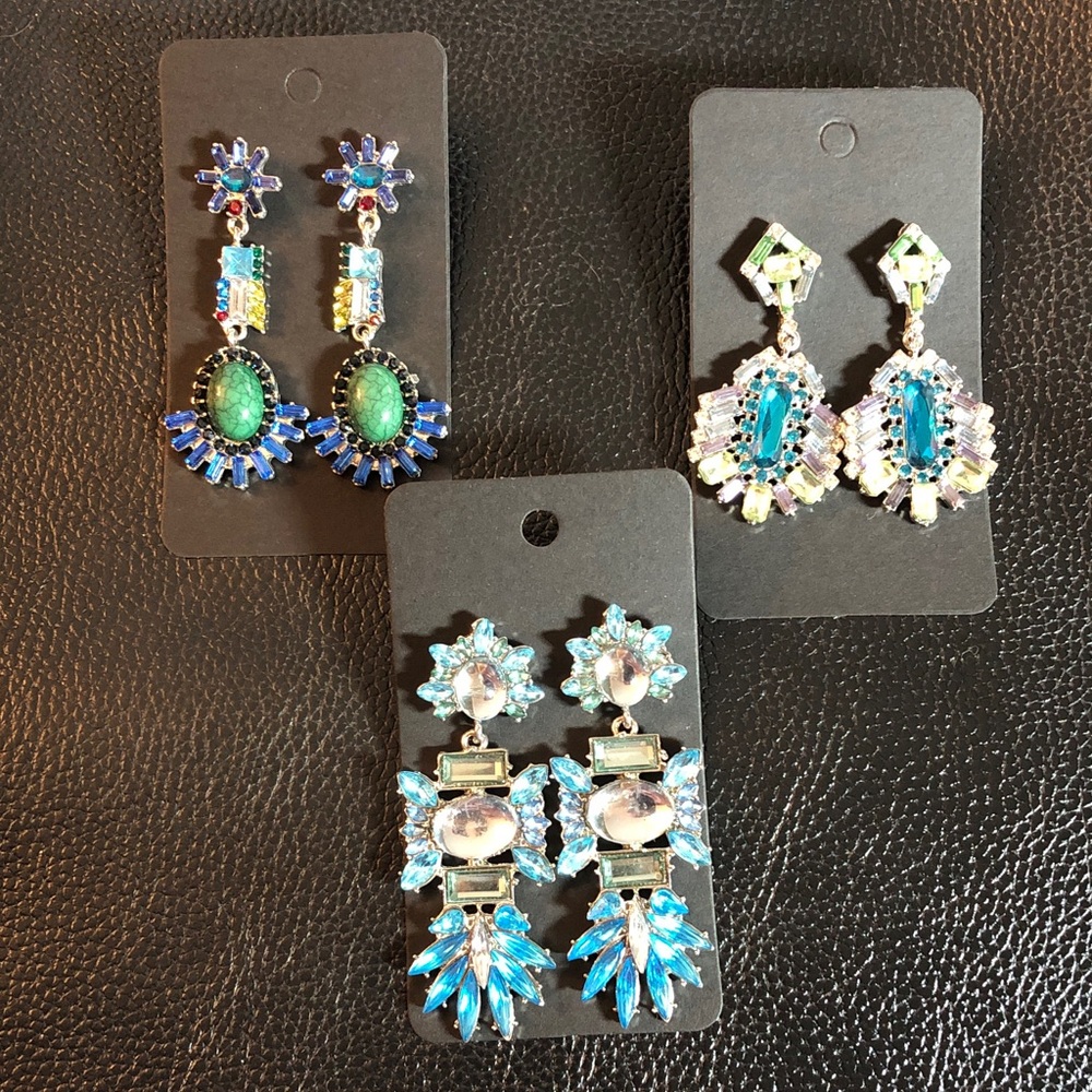 Rhinestone Statement Earrings Blue Silver Plated